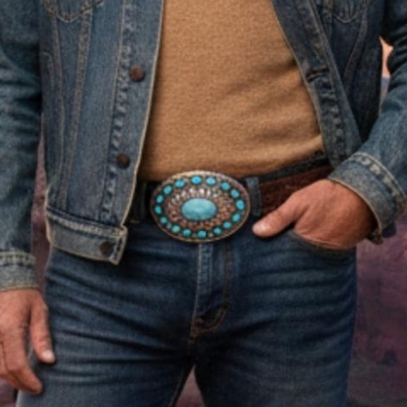 Turquoise Blue Color Accented Western Belt Buckle Silver or gold main image 6